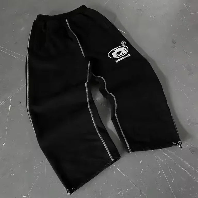 Y2K Joggebukse – Grå Brodert Streetwear | Unisex Retro Hip Hop Sweatpants