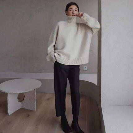 Tykk Kasjmirgenser for Dame – Høyhalset Strikkegenser i Løs Passform | Varm, Myk & Elegant til Høst og Vinter 2024