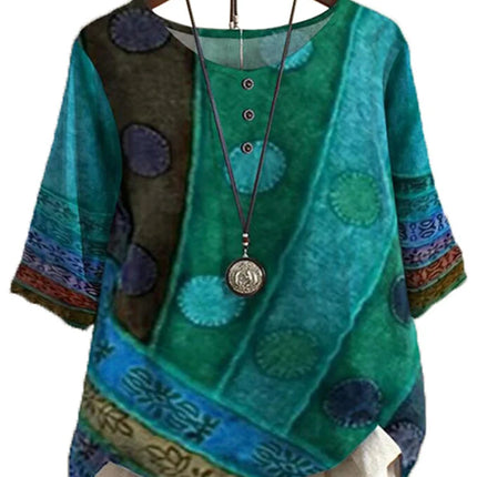 Etnisk Vintage-Print Bluse – Løs Passform, O-hals og Halvlange Ermer