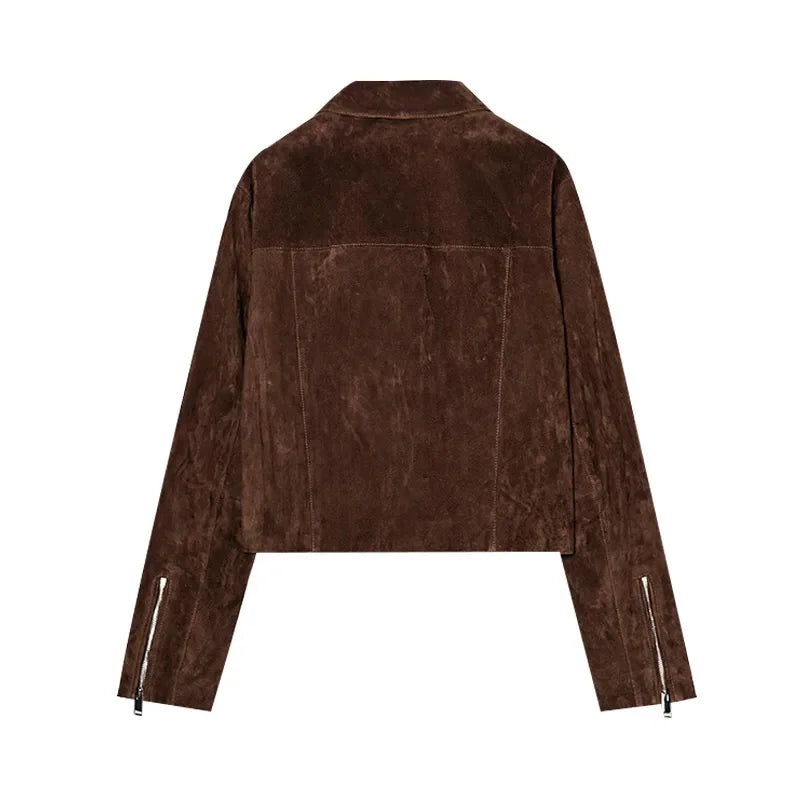 Vintage Semsket Kort Jakke til Dame – Streetwear med Glidelås & Krage