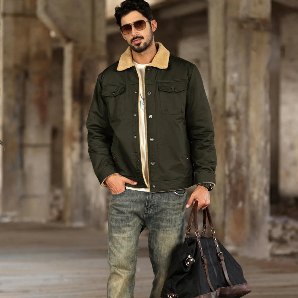 Herre – Vinterjakke med sherpa-fôr (trucker/parka) i bomull, grønn