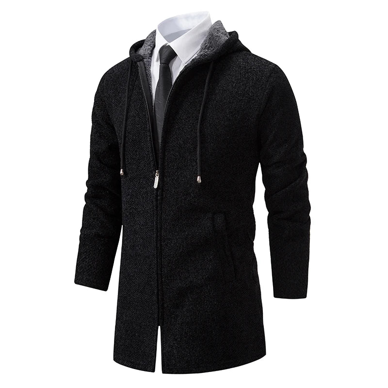 Herre Lang Cardigan med Hette – Varm Vinterjakke i Fleece & Strikk | Koreansk Designerstil