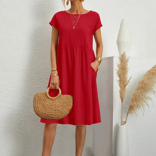 Sommerkjole i Bomull – Elegant Boho A-linje Kjole med Korte Ermer for Kvinner