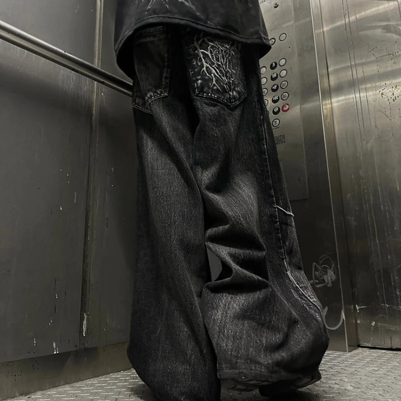 Y2K Phantom Jeans – Unisex Baggy Jeans med Brodert Edderkoppmotiv | Gothic & Hip-Hop Streetwear i Oversized Stil