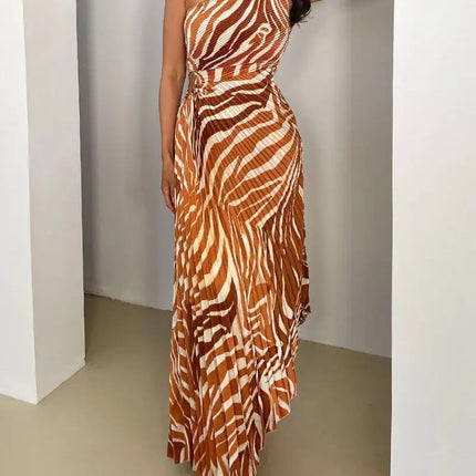 Sommerkjole med Én Skulder og Snøring – Sexy og Elegant Lang Kjole med Plissert og Ujevn Kant