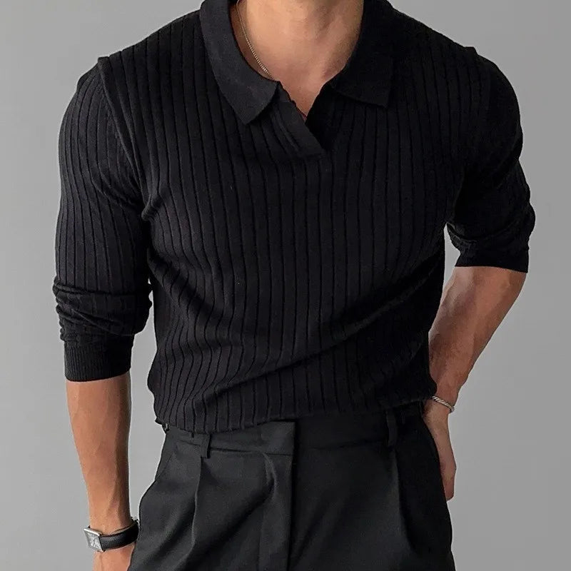 Herre Strikket Polo i Jacquard – Elegant V-hals & Langermet Genser