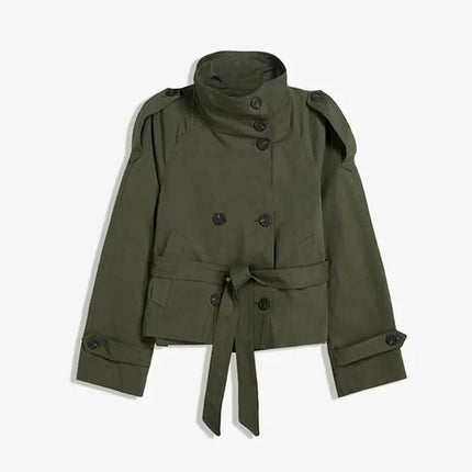 Kort Trenchcoat for Dame – Elegant Dobbelspent Jakke med Belte i Midjen og Ståkrage | Trendy Høstjakke 2025