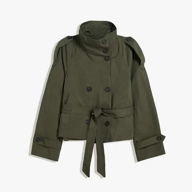 Kort Trenchcoat for Dame – Elegant Dobbelspent Jakke med Belte i Midjen og Ståkrage | Trendy Høstjakke 2025
