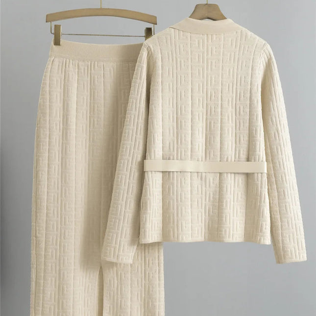 Chic Strikket 2-delt Sett til Dame – Cardigan med Belte & Høytliv Skjørt