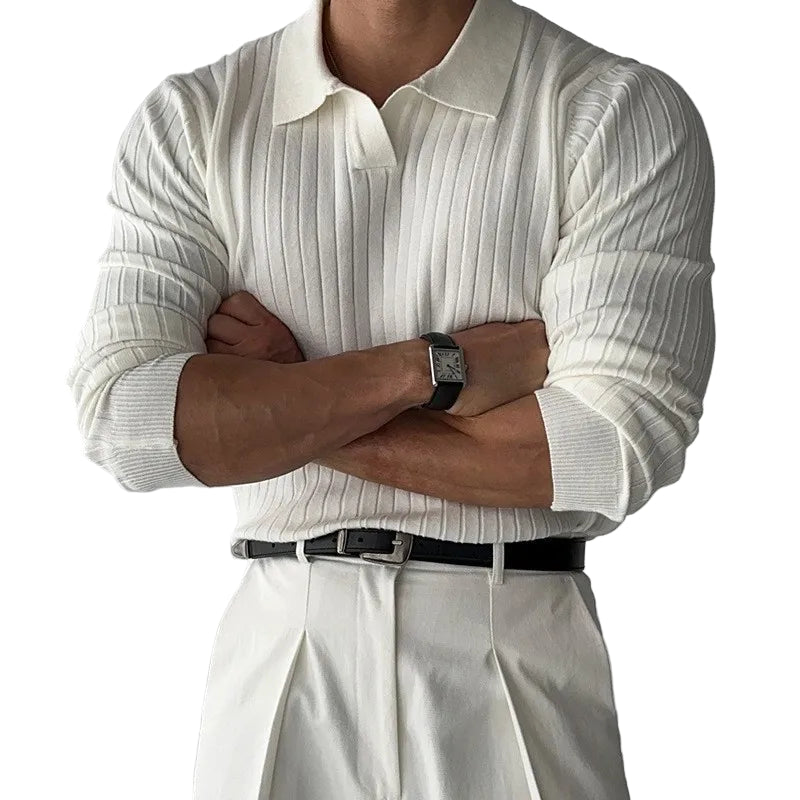 Herre Strikket Polo i Jacquard – Elegant V-hals & Langermet Genser