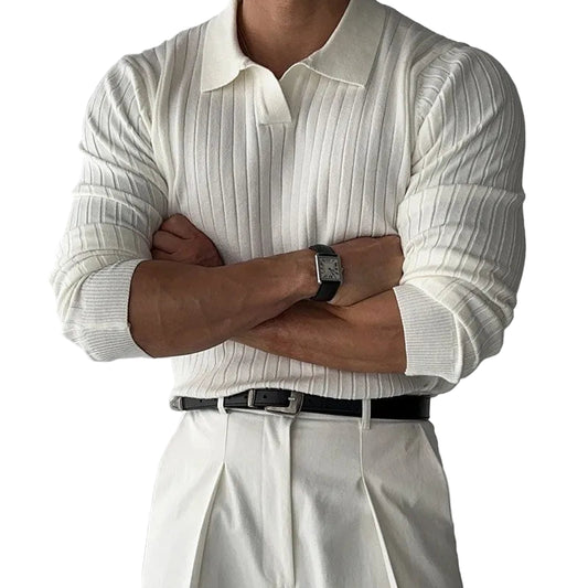 Herre Strikket Polo i Jacquard – Elegant V-hals & Langermet Genser