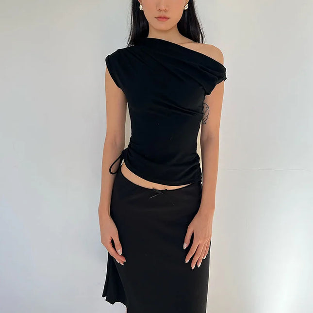 Énskulders Ribbestrikket Topp – Trendy Dame T-skjorte