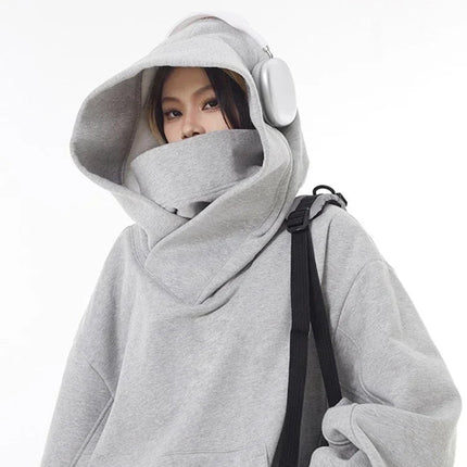 Ninja Hettegenser for Menn – Ensfarget Y2K Hoodie med Høy Hals | Oversized Streetwear i Fleece for Høst og Vinter