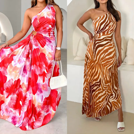 Sommerkjole med Én Skulder og Snøring – Sexy og Elegant Lang Kjole med Plissert og Ujevn Kant