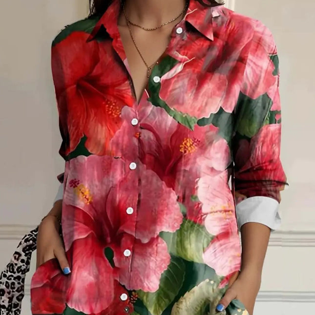 Blomstrete Skjorte for Dame – Stilig Langermet Bluse med Krage