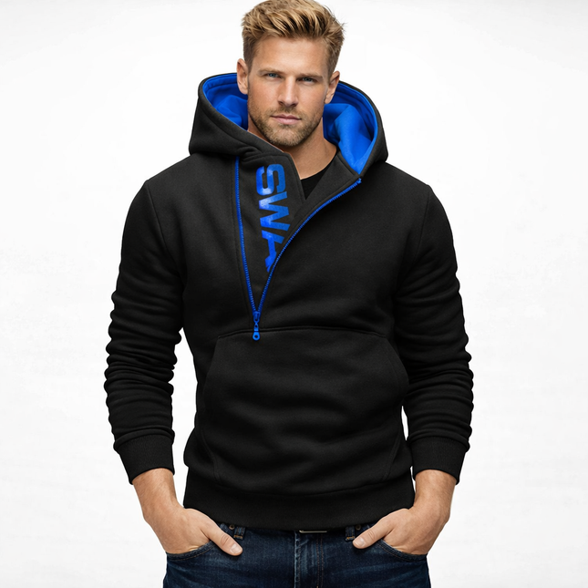 Herre Hoodie med Glidelås og Høy Hals – Langermet Genserjakke i Sort | Komfortabel og Stilig Sweatshirt til Høst og Vinter