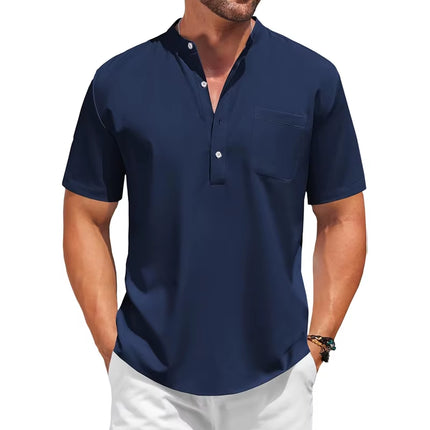 Sommerlig Herreskjorte med Kort Erm – Avslappet Henley Stil i Bomull med Lommer