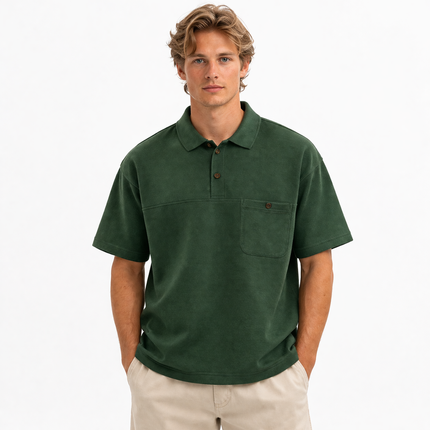Grønn Polo T-skjorte til Herre – Vintage Stil, Løs Passform & Allsidig Sommerlook