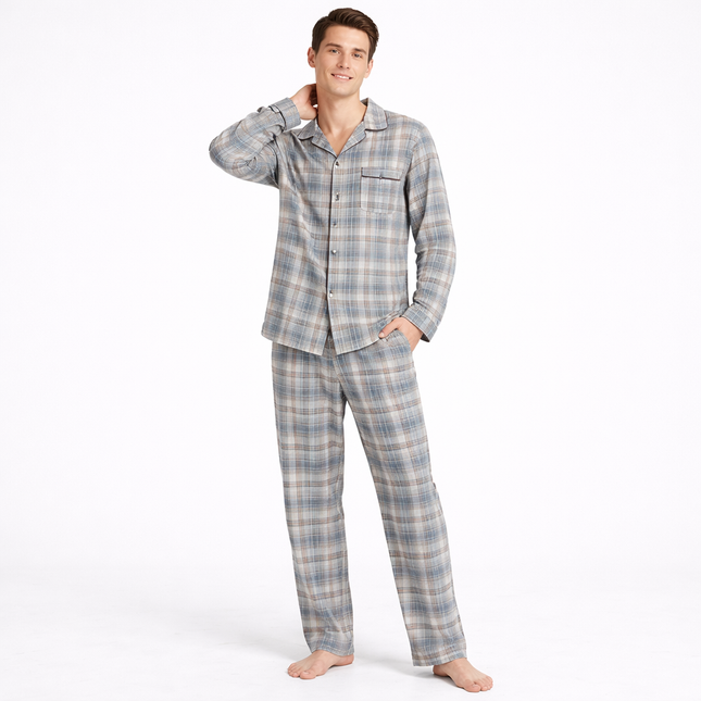 Japansk Pysjsett for Menn – 100 % Bomull med Rutemønster | Langermet To-delt Sett i Lett og Pustende Stoff til Vår og Sommer (2026)