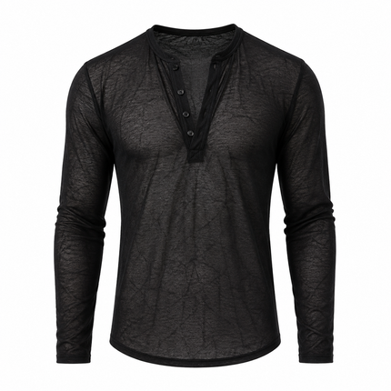 Transparent Mesh T-skjorte med Lange Ermer for Herre – V-hals Sommertopp med Knapper