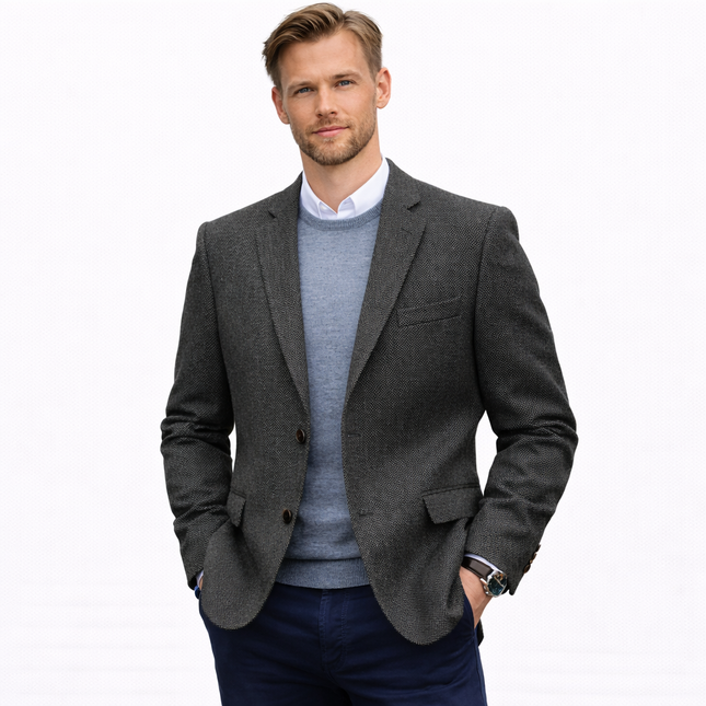Herreblazer i Fiskebensmønster – Lett Slim Fit Dressjakke | Elegant Enkeltstående Blazer til Bryllup, Fest og Business