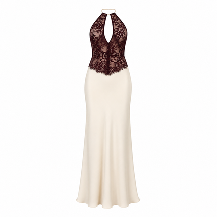 Elegant Maxikjole til Dame | Satengkjole med Halterneck og Blondedetaljer