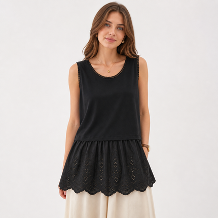 Bomullssinglet til Dame – Mori Girl Stil & Blondedetaljer