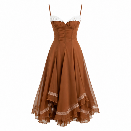Chiffonkjole med Spagettistropper for Dame – Elegant A-Line Kjole med Volangkant