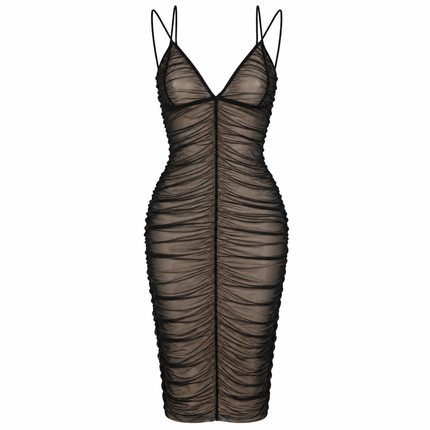 Elegant midikjole i mesh med plissering og omslagsdesign