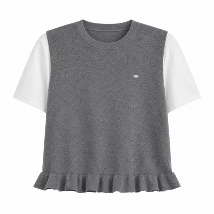 Strikket Faux Two-Piece Topp til Dame – Kontrast og Volangdetaljer