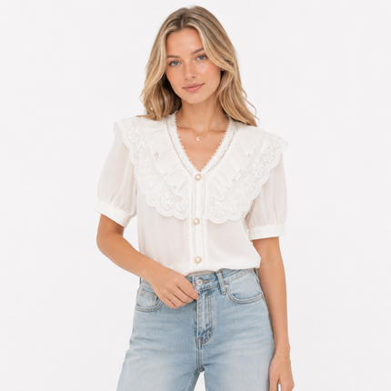 Chiffongbluse til Dame – Elegant Blondetopp med Puffermer