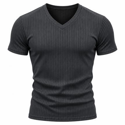 Ribbestrikket T-skjorte for menn med V-hals og slim fit
