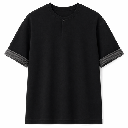 Kraftig Henley T-skjorte til Herre – 260g med Rutete Detaljer & Løs Passform