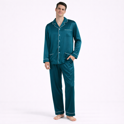 Eksklusivt Pysjsett for Menn i 100 % Ekte Silke – 25 Momme Sateng | Langermet Luksus Nattøy og Loungewear til Sommer og Høst