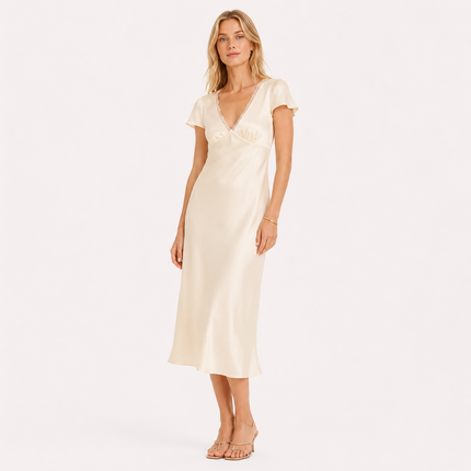 Sateng Midi Kjole til Dame – Elegant Kjole med Blonder og V-Hals