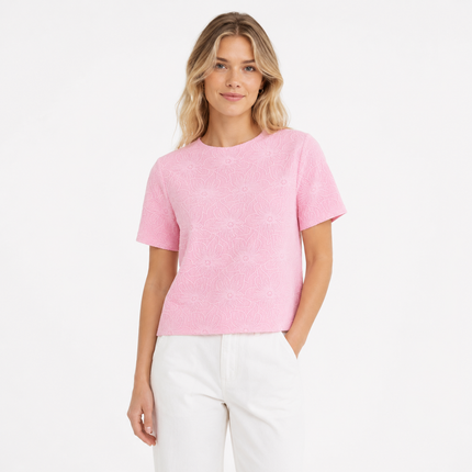 Rosa Strikket Topp til Dame – Floral Jacquard med Mock Neck og Slim Fit