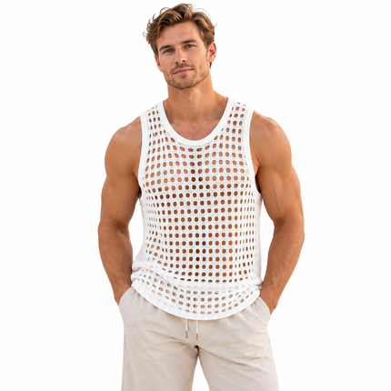 Ermeløs mesh-tanktop for menn med gjennombrutt design – S–2XL