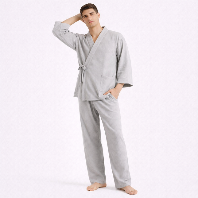 Japansk Pysjsett for Menn – 100 % Bomull i Tykt Luftlagstoff | Varmt Kimono-inspirert To-delt Nattøy til Høst og Vinter