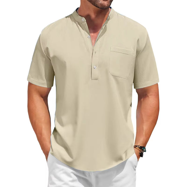 Sommerlig Herreskjorte med Kort Erm – Avslappet Henley Stil i Bomull med Lommer