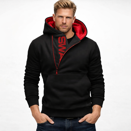 Herre Hoodie med Glidelås og Høy Hals – Langermet Genserjakke i Sort | Komfortabel og Stilig Sweatshirt til Høst og Vinter