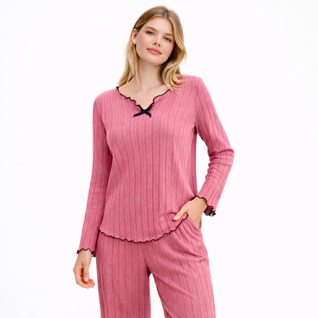 Ribbestrikket Pysjsett for Kvinner – Langermet Topp og Bukse | Mykt og Behagelig Hjemmetøy til Høst og Vinter