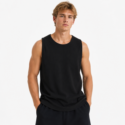 Hvit Ribbestrikket Tanktop for Herre – Løs Ermeløs Sommertopp