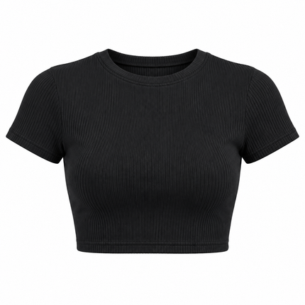 Ribbestrikket crop top med rund hals og korte ermer