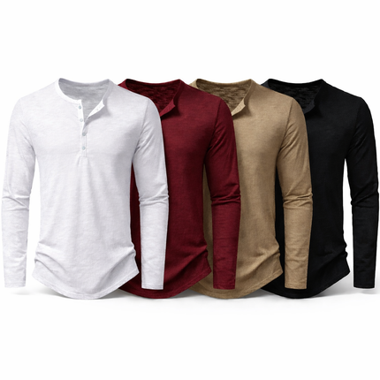 Herre Henley T-skjorte i Bomull – Langermet & Pustende | Casual Basisgenser med Knapper Pakke