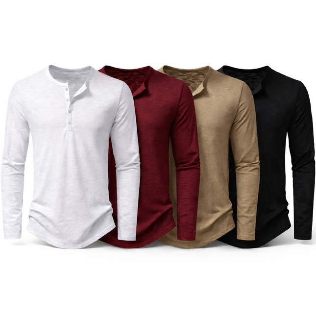 Herre Henley T-skjorte i Bomull – Langermet & Pustende | Casual Basisgenser med Knapper Pakke