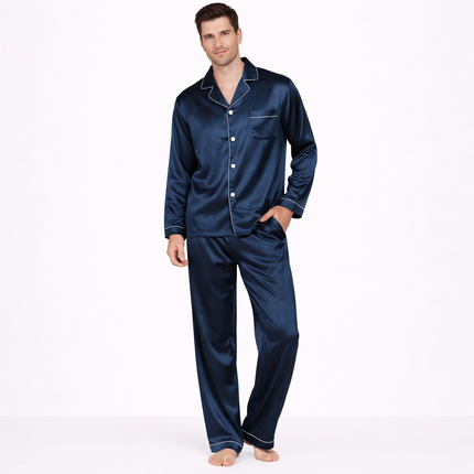 Eksklusivt Silke Pysjsett for Menn – 100 % Ren Morbærsilke 19 Momme | Luksuriøst Loungewear med Langermet Skjorte og Bukse