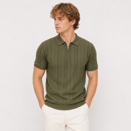 Strikket Polo med Glidelås til Herre – Vintage Jacquard Sommertopp