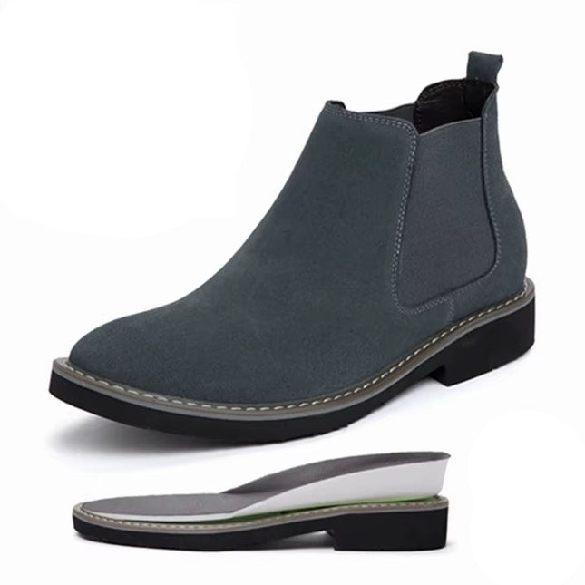 Høydeøkende Herreboots i Semsket Skinn – Chelsea-inspirerte Ankelstøvler med Skjult Hælløft på 6 cm