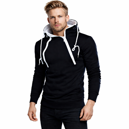 Herre Hoodie med Glidelås og Høy Hals – Langermet Genserjakke i Sort | Komfortabel og Stilig Sweatshirt til Høst og Vinter
