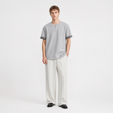 Kraftig Henley T-skjorte til Herre – 260g med Rutete Detaljer & Løs Passform
